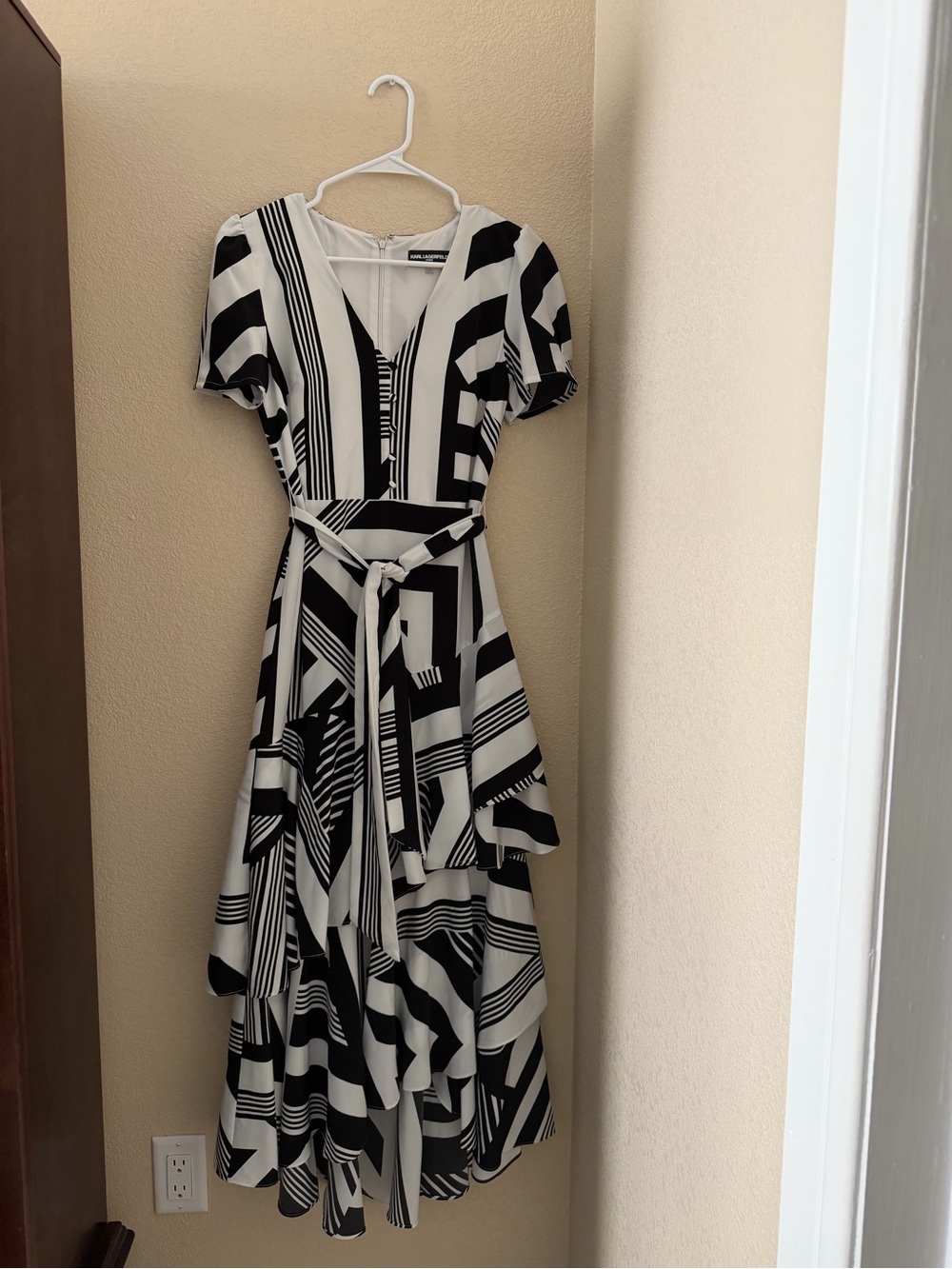 Karl Lagerfeld Black & White Asymmetrical Wrap Maxi Dress